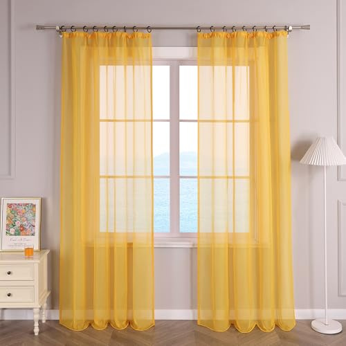 ESLIR Gardinen mit Kräuselband Vorhänge Fensterschal Transparent Schlaufenschal Voile Schal Uni Gelb BxH 145x175cm 1 Stück
