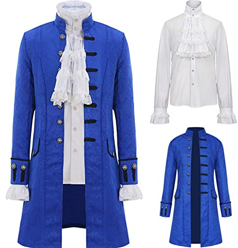 Jilijia Män steampunk renässans uniform set trenchcoat viktoriansk edwardian vintage jacka rock pirat vampyr cosplay kostym kläder, BLÅ, XXL