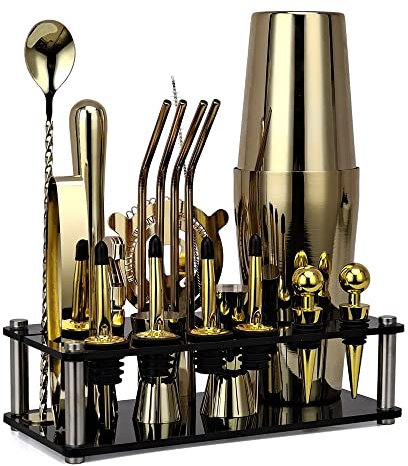 hansum Cocktail Shaker Set 20 st rostfritt stål bartender set cocktail tillverkning kit med stativ (färg: Guld)