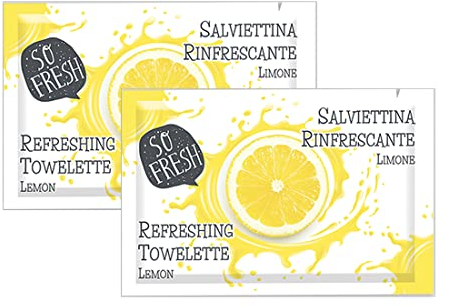 MAQA 50pcs Toallitas higienizantes desechables 12,5x19 cm, Toallitas húmedas refrescantes Limón envueltas individualmente