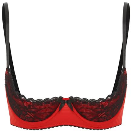 FEESHOW Womens Contrast Lingerie Underwear Spaghetti Straps Underwire Half Cup Push Up Balconette Red L