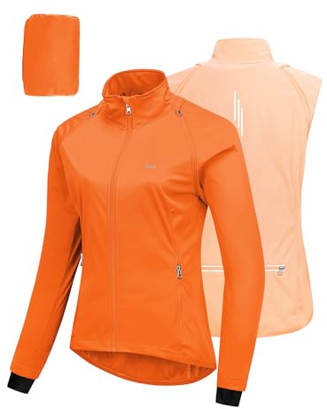 33,000ft Women's Cycling Jacket Waterproof Breathable Running Jacket Women High Visibility Reflective Cycling Vest with Removable Sleeves Orange L