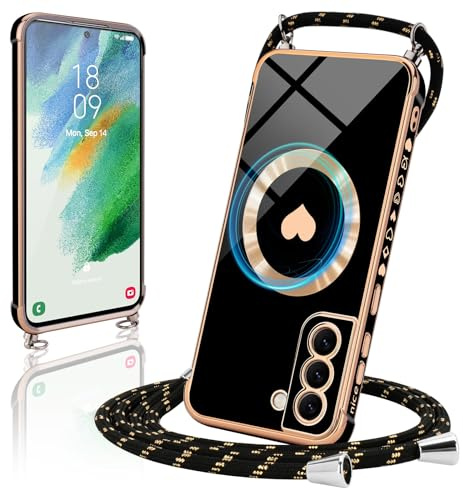 Micoden Handykette für Samsung Galaxy S21 FE 5G Hülle Necklace mit Band, Kompatibel mit MagSafe, Magnetische Handyhülle für zum Umhängen Kordel Kameraschutz Stoßfeste Herz Case Schutzhülle,Schwarz