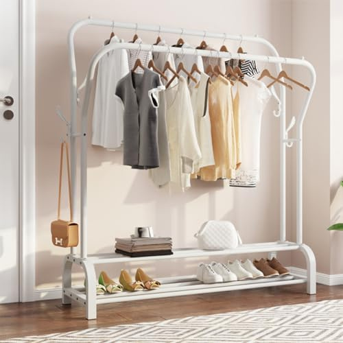 Dripex Double Clothes Rail Clothing Rack with Dual Hanging Rails, Free Standing Garment Coat Stand Organiser for Bedroom, w/ 4 Side Hooks and 2-Tier Lower Storage Shelf (White)
