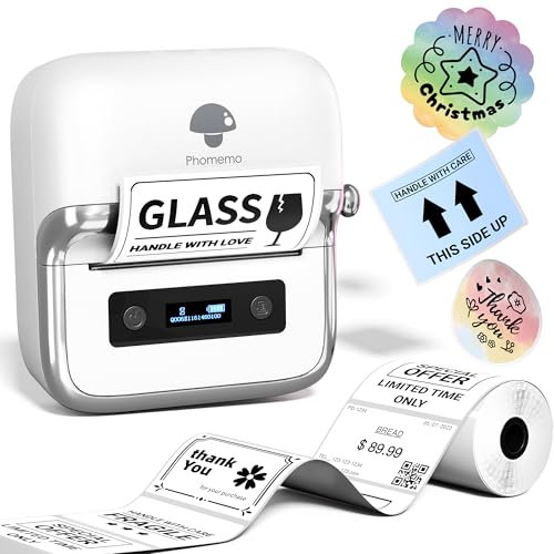 Phomemo M250 Etikettendrucker, Etikettendrucker Selbstklebend Etikettiergerät Bluetooth Thermo Label Printer Barcode, Einzelhandel, kleine Unternehmen, mit 1 Rollen Etiketten