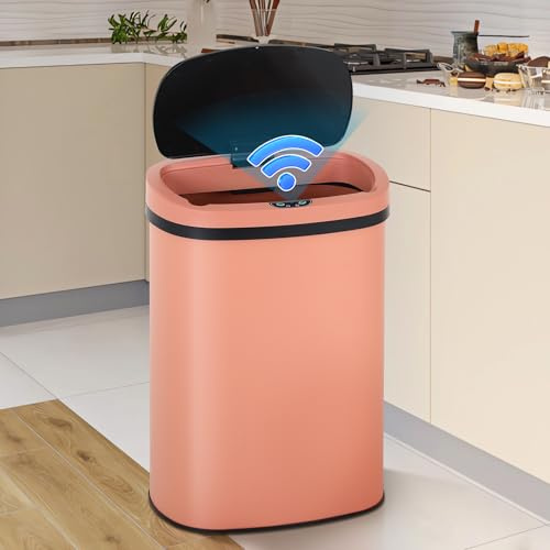 Dlewmsyic 13 Gallon/50 Kitchen Trash Can with Lid, Automatic Stainless Steel Trash Can for Bathroom Bedroom and Home Office, Touch Free High-Capacity Brushed Stainless Steel Waste Bin(Pink)
