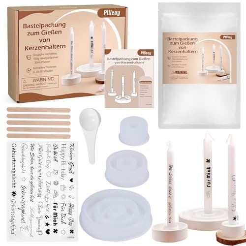 Pllieay Set de Porte-Bougies DIY - Kit de Démarrage avec 500g de Poudre de Moulage Blanche, 3 Moules en Silicone, 20+ Tatouages pour Bougies, Accessoires et Boîte Cadeau