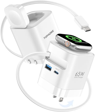 TOPADRE 65W Retractable USB C Cable Charger, 3-Port Charger for Apple Watch | USB C Fast Charging for Apple Watch s11/10/9/8/SE/Ultra, for Macbook/iPad, for iPhone 17/16/15 Series, Galaxy and More, White