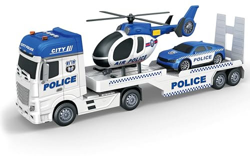 Teorema Giocattoli - Tir, Camion Giocattolo per Bambini, con Elicottero e Auto, Set di Veicoli con Luci e Suoni, Movimento a Frizione, Scala 1:16, Tema Polizia