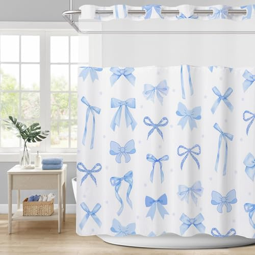 APROPHIC Cortina de ducha con lazos azules, cortinas de ducha con lazo de acuarela, con almohadilla de botón a presión, parte superior de malla transparente, dobladillo pesado, juego de cortina de