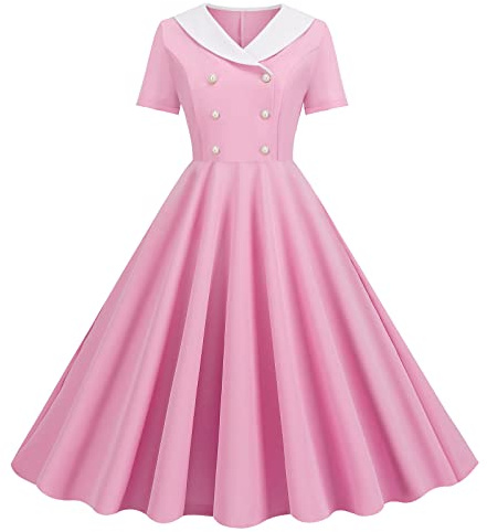 Abito da Sera Vintage per Donna, Anni 50 Stile Rockabilly, Gonna a Ruota Skater, Abito a Svasato con Scollo a V e Maniche Corte, rosa, XXL