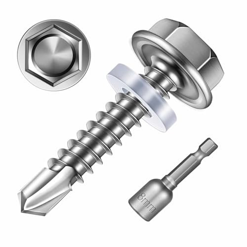 Wjelet 20 tornillos autorroscantes M6,3 x 50 mm, tornillos hexagonales con arandelas de sellado y llave de vaso de acero inoxidable 410, para chapa trapezoidal, placas de metal, fijación de madera