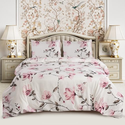 SAIMAZ 4 Piece Printed Bedding Set Duvet Cover, Deep Fitted Sheet & 2 Pillowcases Single, Double, King, Super King Sizes Soft Microfiber, Wrinkle-Resistant, Easy Care (Double, Spring Pink)