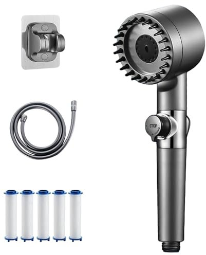 Soffione doccia ad alta pressione economica, flessibile in PVC 1,5 m, 4 getti regolabili + filtro anticalcare, pulsante di stop, supporto da parete - cromato