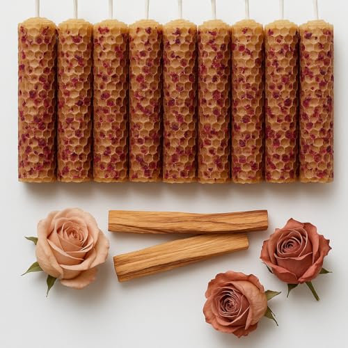 YA-DECOREGALOS 6 VELAS DE CERA DE MIEL DE ABEJA PURA NACIONAL + 2 PALOS SANTOS XL SIN PARAFINA, MECHAS DE ALGODON