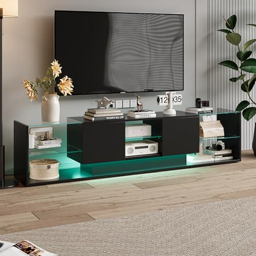 Meuble TV LED, Banc TV 200 cm LED, Table TV 200 cm Noir, Grand Meuble Tele avec Rangement, 2 tiroirs et 5 étagères en Verre, Lumière elevée Surface, pour Salon TV 70-79 Pouces (Noir)