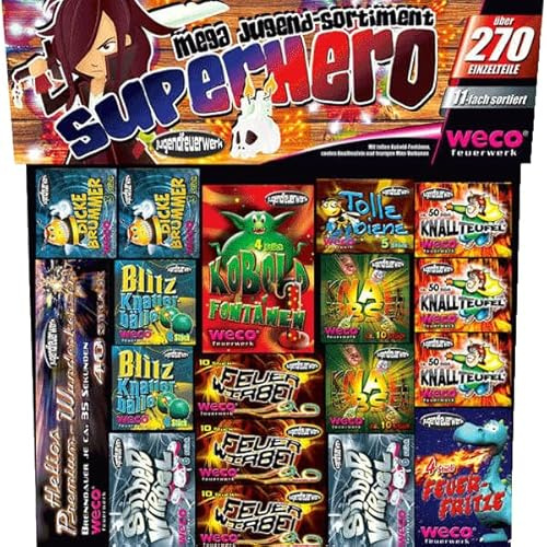 KLIMA-270-teiliges Superhero Jugendfeuerwerk Set, mit Knallteufeln und Wunderkerzen, Kinder Knaller Silvester, Kat F1 Feuerwerk (1)