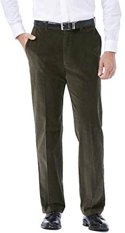 Haggar Stretchig manchester, expanderbar midja, klassisk passform, platt framsida, byxa, Militärgrönt, 38W / 30L