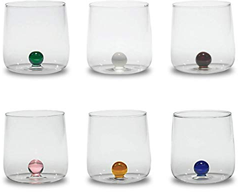 Zafferano Bilia Tumbler - Juego de 6 Vasos de Agua Transparentes con Bola de 6 Colores Diferentes