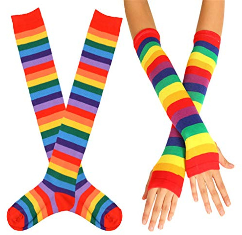EDOTON Kniestrümpfe Regenbogen Streifen Arm Wärmer Bein Strumpf Bunte Oberschenkel Hohe Socken Fingerlose Handschuhe Hülsen-Set für Frauen Mädchen Party Stützen