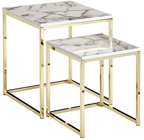 Wohnling Design Beistelltisch 2er Set Weiß Marmor Optik Eckig, Couchtisch 2-teilig Tischgestell Metall Gold, Kleine Wohnzimmertische, Moderne Satztische Quadratisch