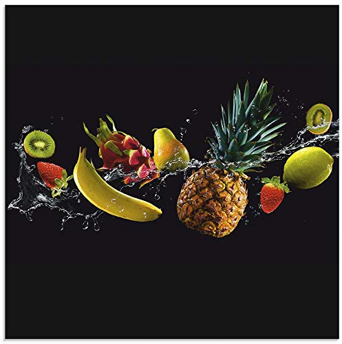 ARTland Wanddeko Glasbilder Wandbild Glas Bild einteilig Quadratisch Küchenbilder Obst Früchte Kiwi Erdbeere Orange Schwarz U1TG