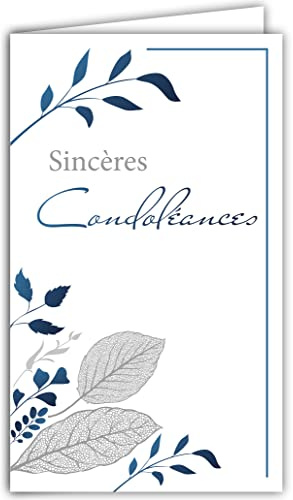 24-1039 Carte Sincères Condoléances Format 16x9,5cm avec Enveloppe Blanche Décès et Deuil - Cérémonie Funéraire - Feuilles Bleues Branches Arbre - Fabriquée en France
