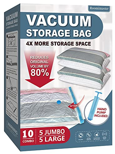Roomimaster Vacuum Storage Bags, Vacuum Seal Space Saver Bags for Clothing, Travel Lugggage, Carry-on, Blankets, Comforters, Pillow, Bedding, 10 Combo