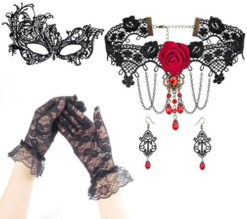 MAINOSHY Tag der Toten Halloween Kostüm Set, Kurze Spitze Fingerlose Handschuh Schwarze Handschuhe Spitze Choker Halskette Spitze Augenmaske für Halloween Erwachsene Kostüm Zubehör, Schwarz , L