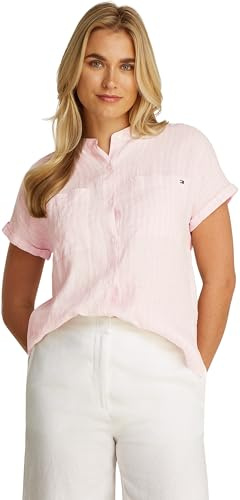 Tommy Hilfiger Blusa Mujer Linen Collarless de Manga Corta, Multicolor (Foggy Pink STP), 40