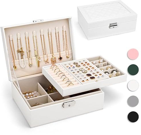 Yarmiene Boite a Bijoux, Grande Boîte à Bijoux avec 2 Étages, Organisateur de Bijoux de Voyage en Cuir PU, Portable Organisateur de Boîte à Bijoux, Coffret à Bijoux pour Ranger Bagues, Blanc Perle