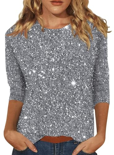 Generic Damen Pailletten Oberteil Silber - Glitzer Pullover Langarm - Festlich - Lässig-Festiv - Satin, Linen - M - Waffelkragen - Rundhals-Ausschnitt - 3/4 Ärmel - Grau - Maschinenwäsche - 1 Count
