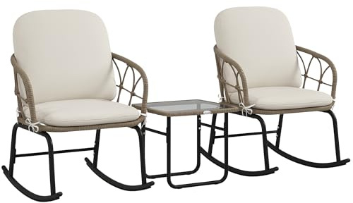 Outsunny Conjunto de Muebles de Ratán de 3 Piezas Conjunto de Mecedoras de Jardín con 1 Mesa de Centro 2 Mecedoras y Cojines para Jardín Terraza Patio Crema y Beige