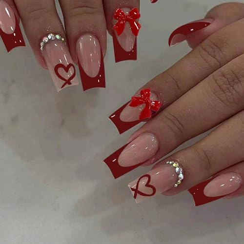 GlamRays Lot de 24 faux ongles longs et carrés en forme de cœur brillants et adhésifs en acrylique rouge
