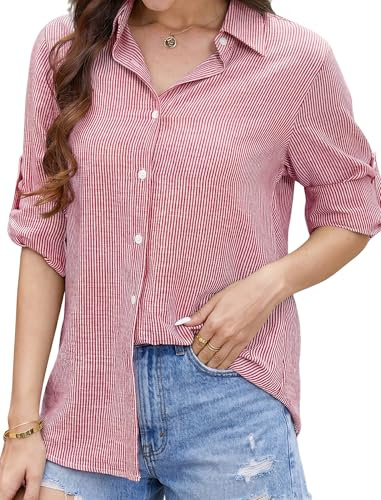 Enmain Gestreift Damen Blusen Langarm Rot Baumwolle Damen Hemdbluse Sommer Business Casual Büro Streifenbluse Lässige, L