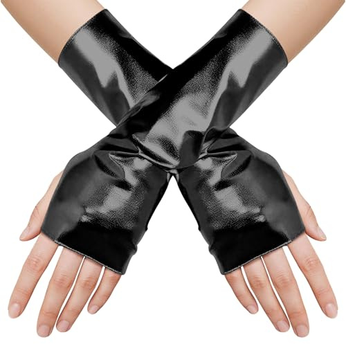 WEITAPYT Gants Longs Sans Doigts Femme Métallisé Noir Brillant, Gants-Sans-Doigts-Noir, Gant Brillant Métallisés, Gant Cosplay Longs San Doigt, pour Cosplay Halloween Carnaval Bal de Soirée - 1 Paire