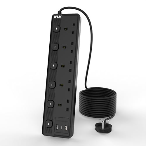 WLV 3M 5 Gang Extension Lead with 3 USB Slots, Black Extension Lead with Individually Switch, Wall Mounted Power Strip for Dorm, Kitchen, Living Room, Recreation Vehicle, Bedroom