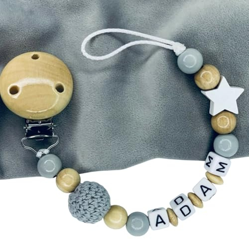 Schnullerband mit Namen für Mädchen & Jungen personalisierte Baby Geschenke Häkelperle & Stern Natur Holz Grau