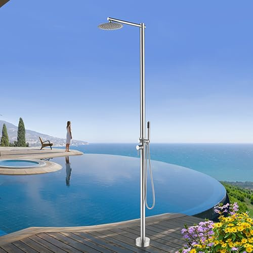 Doccia a pioggia per esterni con doppio soffione doccia in acciaio inox spazzolato 304, design autoportante