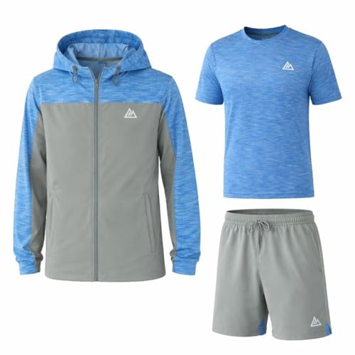 ALPS ATG Mens 3Pcs Sports T-Shirt, Shorts & Hooded Jacket Set – Lightweight, Super Stretch, Quick Dry, Breathable Activewear for Running, Gym, Training
