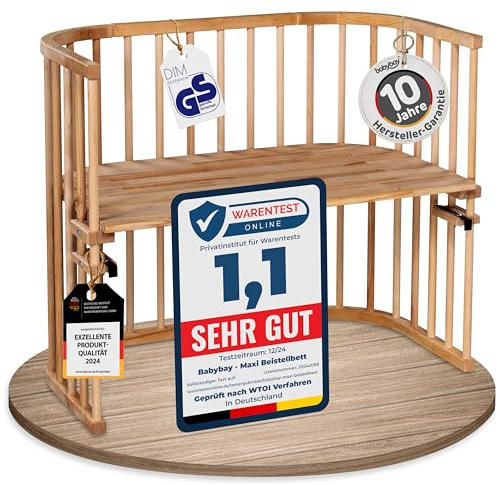 babybay Maxi extra großes Beistellbett aus massivem Buchenholz / Kinderbett Höhe stufenlos verstellbar & umweltfreundlich / mitwachsendes Babybett (natur lackiert)