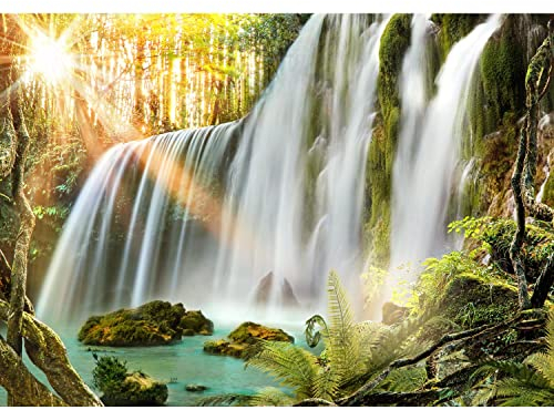 Runa Art Fototapete Wasserfall Landschaft 352 x 250 cm Vlies Tapeten XXL Moderne Wandtapete Wohnzimmer Schlafzimmer Grün Weiss 9344011a