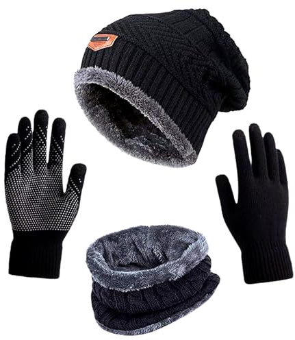 ASYBHYY Gorras Invierno con Bufanda y Guantes Táctiles Antideslizante 3 en 1 de Punto Sombreros Slouchy Calentar Gorro con Forro Polar para Mujeres y Hombres (Negro)