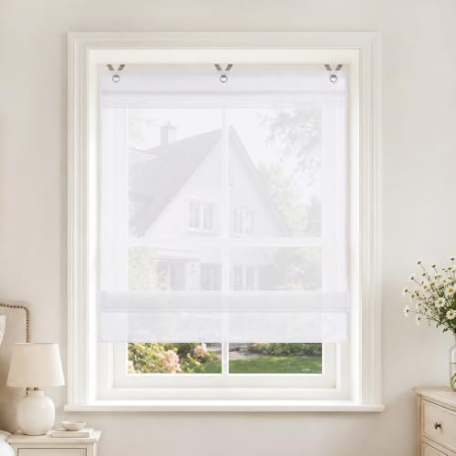 Joyswahl Voile Ösenrollo Transparent Raffrollo mit Ösen 45x155 Weiß | Irene Raffgardinen ohne Bohren, Rollo mit Hakenaufhängung, Fensterrollo mit Farbiger Blende, Schals Fenster Gardine 1 Stück