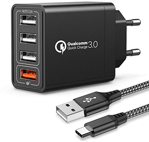 JOOMFEEN USB Ladegerät mit Type C Ladekabel,Quick Charge 3.0 30W/6A USB Ladeadapter mit 4 Ports Schnellladegerät Netzteil Mehrfach Ladestecker für Samsung Galaxy S20/S10/S9/S8/Note,Huawei,XiaoMi
