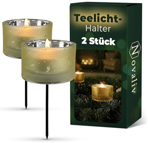 Novaliv 2X Teelichtglas für Gestecke | Gold | Ø 5cm x 8,5cm | Mit Metall-Pick | zur Gestaltung von Gesteck und Kränzen | Adventskranz-Kerzenhalter | Kerzenhalter mit Spieß Teelichthalter