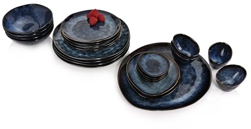 Sänger Teller Set & Servierplatten Tokio 23 tlg, Geschirrset 4 Personen | Steingut, Tafelservice inkl. Speiseteller Servierplatten Schüssel Set Dunkelblau mit Schwarzen Akzenten
