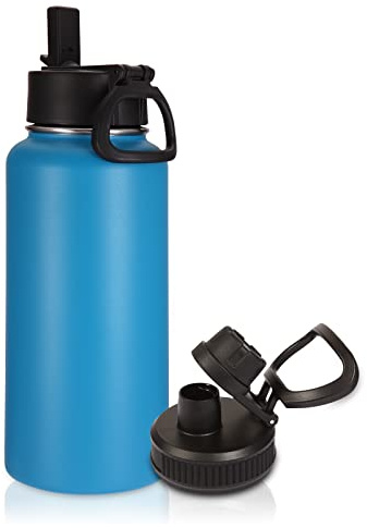 Volhoply 1 litri Isolato Borraccia Termica con Cannuccia,Bottiglia in Acciaio Inox con 2 Coperchi, Water Bottle Vuoto a Doppia Parete,Bottiglie Sportive per Scuola,Lavoro(Blu,1 set)