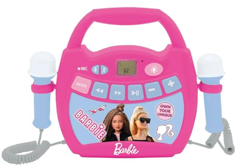LEXIBOOK, Barbie, Reproductor Digital Karaoke portátil para niños, Micrófonos, Efectos de luz, Bluetooth®, Funciones de grabación y Cambiador de Voz, Rosa, MP320BBZ