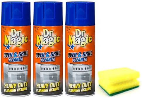 3X Dr Magic Oven and Grill Cleaner Spray (3X 390 ml)- Effortlessly and Effectively Remove All Stubborn Food Residues and Grease from Oven and Grill - With Degreaser Sponge